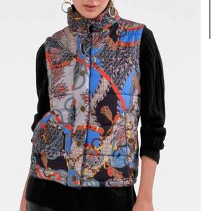 Gretchen Scott Ditto Puffer Vest goldtone snap and zip front, equestrian pattern